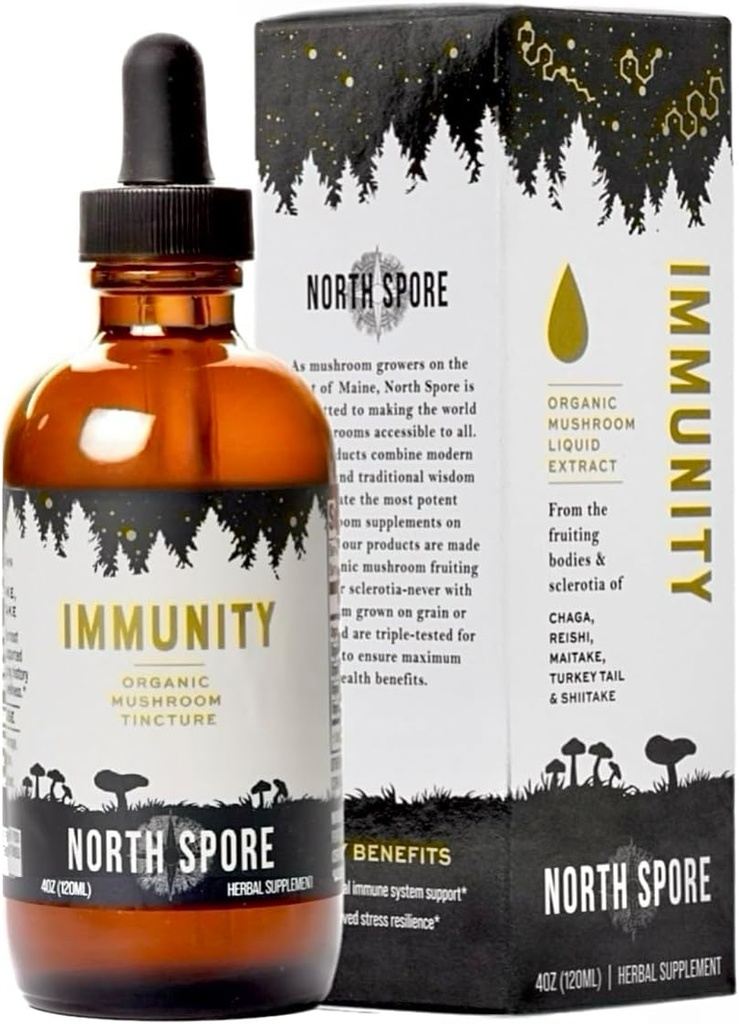 North Spore Organic Immunität Pilz Tincture (4 oz) | 100% Fruchtkörper Extrakte | Chaga, Türkei Tail, Reishi, Maitake, Shiitake | Certified Organic, Vegan, Non-GMO | Adaptogenic, Made in USA