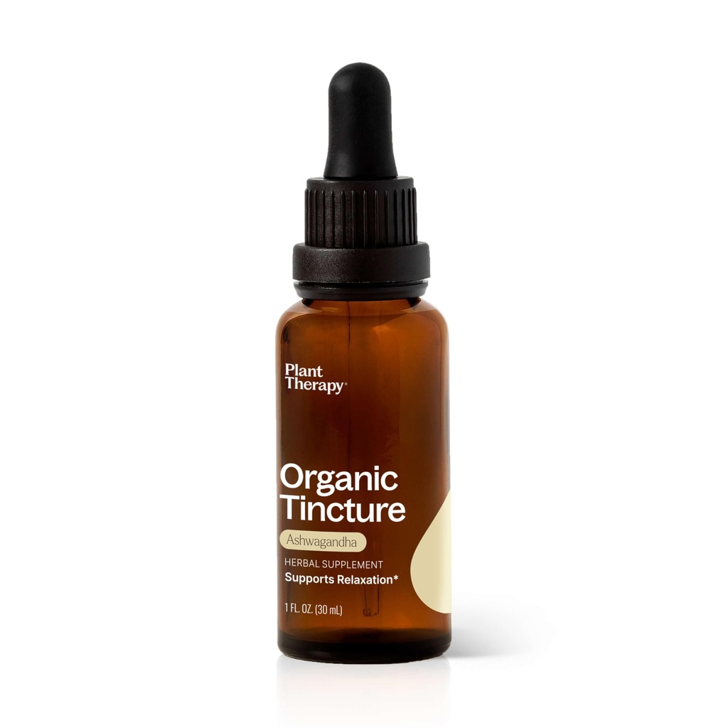 Plant Therapy Organic Ashwagandha Root Herbal Supplement Teinture 30 mL (1 oz) Supporte la relaxation, le rajeunissement et le soutien immunitaire, végétalien, non OGM, sans gluten, liquide, 1 bouteille