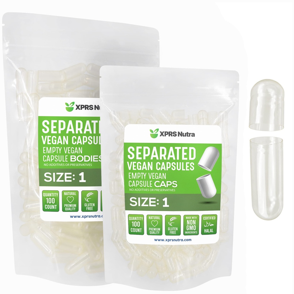 XPRS Nutra Vegan Größe 1 Getrennte Kapseln - 100 Count Clear Premium Leer Kapseln Getrennt in Taschen - Pillen 1 Leer für DIY Ergänzung Füllung