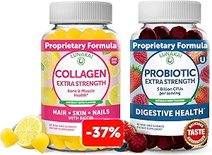 Lunakai Collagen e Probiotici Gummies Bundle - Non OGM, Gluten Free - Anti invecchiamento, Crescita dei capelli, Cura della pelle & forti unghie e salute digestiva - 30 giorni di fornitura