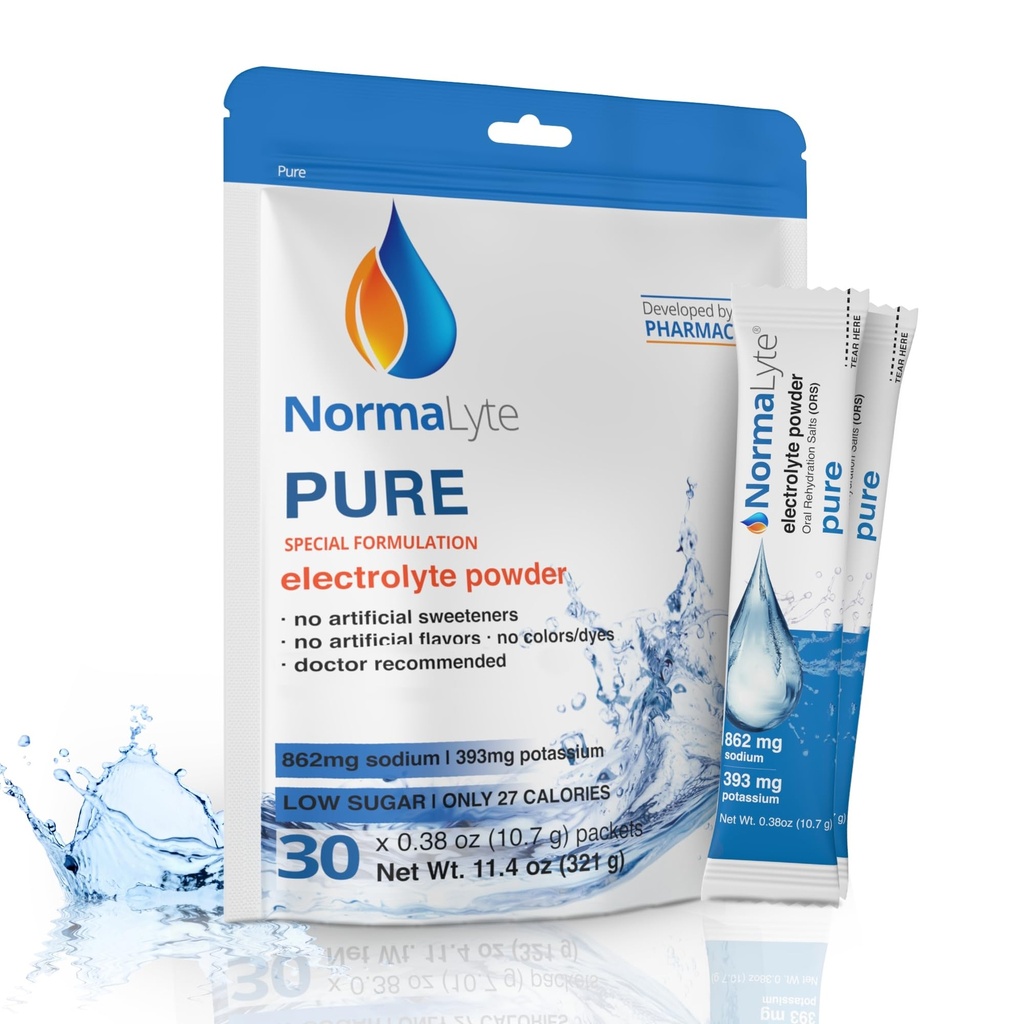 NormaLyte Oral Rehydration Salts- aiuta la gestione alimentare dei sintomi della sindrome di POTS-1 Pouches - 30 Sticks (Yields 500mL per Pack)-Pure| Integratori energetici, Supplemento di potassio, Recupero di disidratazione