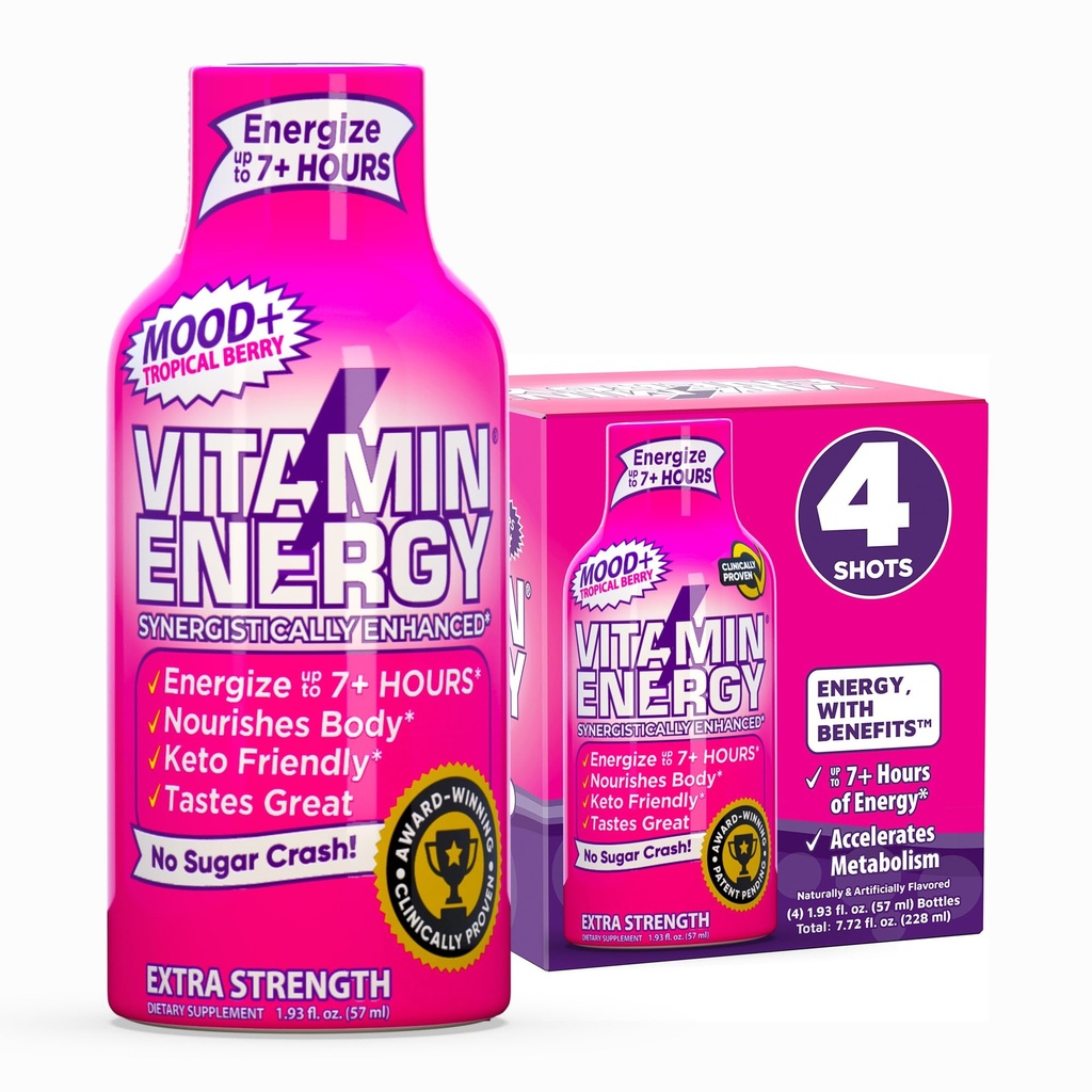 Vitamin Energy Mood+ Extra Strength Energy Shot Tropical Berry 4 Pack, 260mg Natural Caffeine, B-Vitamine, Rhodiola, Kamille, Mood & Energy Support, Zero Sugar, Gluten-Free, Vegan, 1,93 fl oz