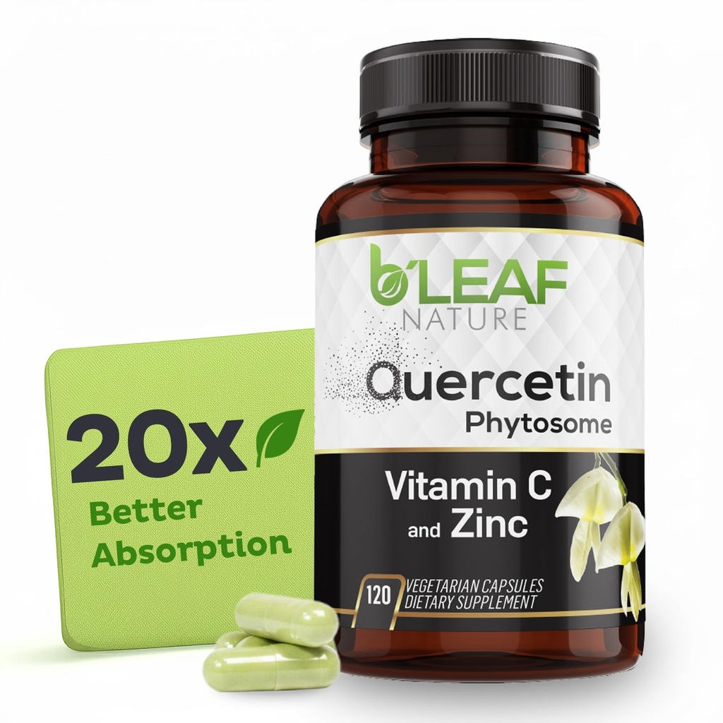 B'LEAF NATURE Quercetin Phytosome, 120 Kapseln – 1000mg hohe Absorption Quercetin mit Vitamin C und Zink – Non-GMO Vegetarische Quercetin Ergänzung für Immun-, Energie-, Gehirn- und Saisonunterstützung