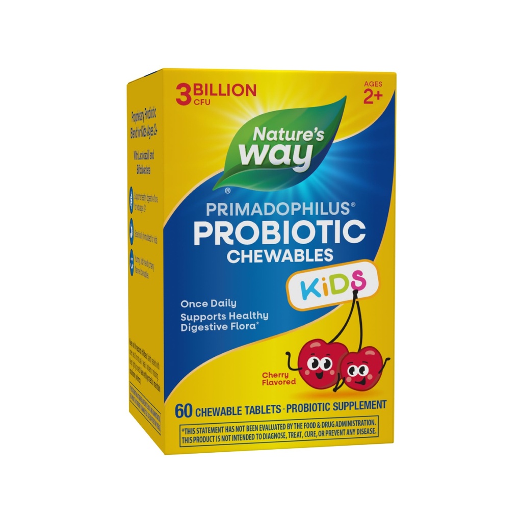 Nature's Way Primadophilus Probiotic Chewables for Kids, soutient la flore digestive saine*, pour les enfants âgés de 2 ans et plus, 3 milliards d'UCF, 60 chrysalides aromatisés (paquetage May Vary)