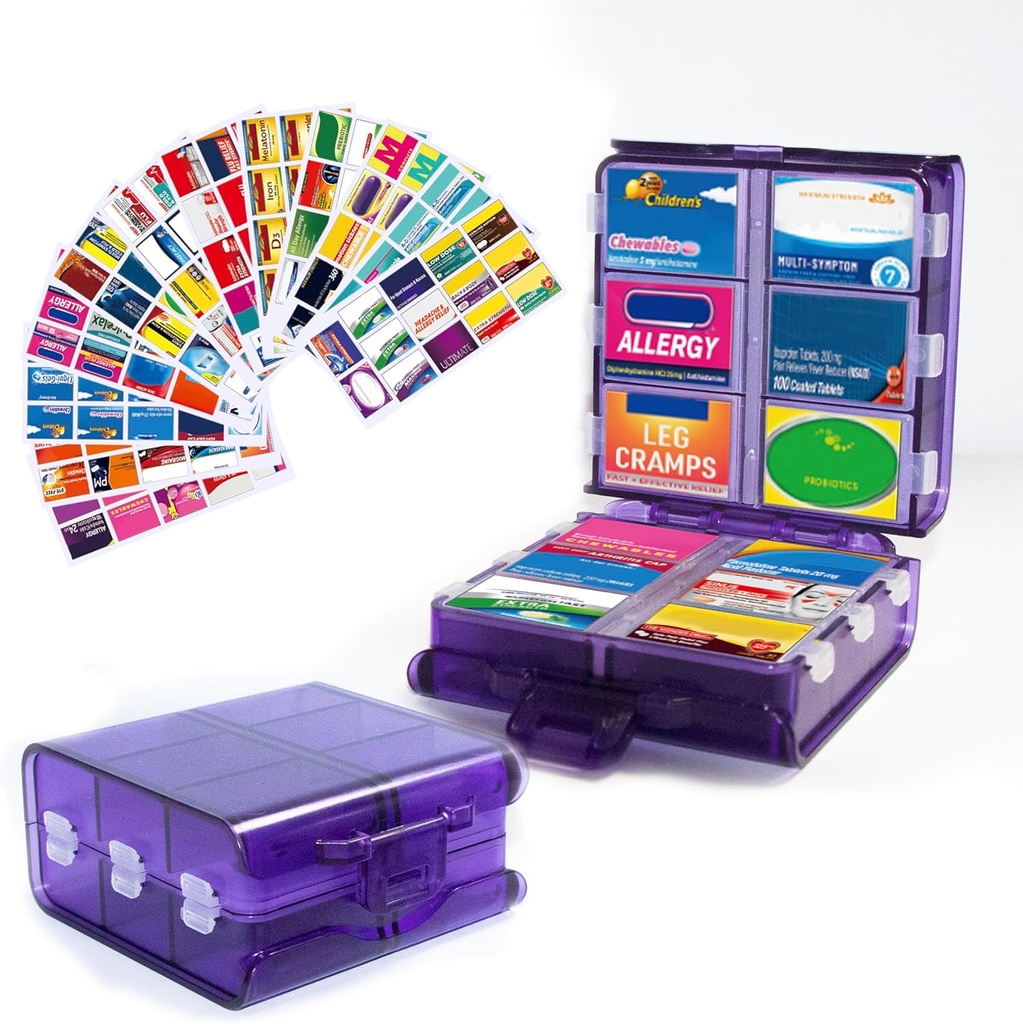 Grand organisateur de pilules avec étiquettes de médicaments, distributeur de pilules 12-Compartment Travel Medice Storage Case, boîte à pilules de 7 jours pour les vitamines et suppléments (Purple, 161 étiquettes)