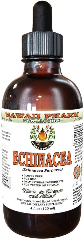 Echinacea Extrait liquide sans alcool, Echinacea biologique (Echinacea Purpurea) Herbe séchée Glycérite Hawaii Pharm Supplément naturel à base de plantes 4 oz