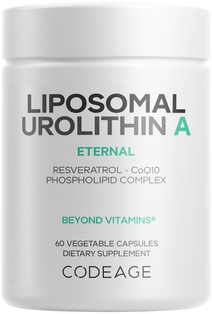 Codeage Urolithine liposomique Supplément 500mg par portion + Résvératrol, Betaïne, CoQ10, Ellagitannines - Une nouvelle frontière au-delà de la NADH, NMN, NAD, NR et Vitamines PQQ - Biodisponible - 60 Capsules
