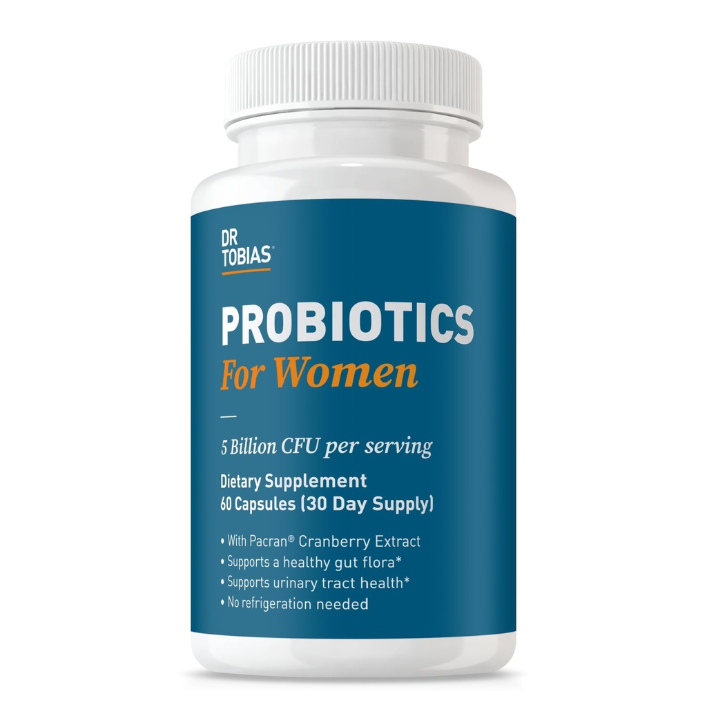 Dr Tobias Probiotiques pour les femmes, 5 milliards d'UFC Plus Prébiotiques et extrait de canneberge pour la santé urinaire des femmes, soutient la santé digestive et immunitaire, 60 capsules, 30 portions