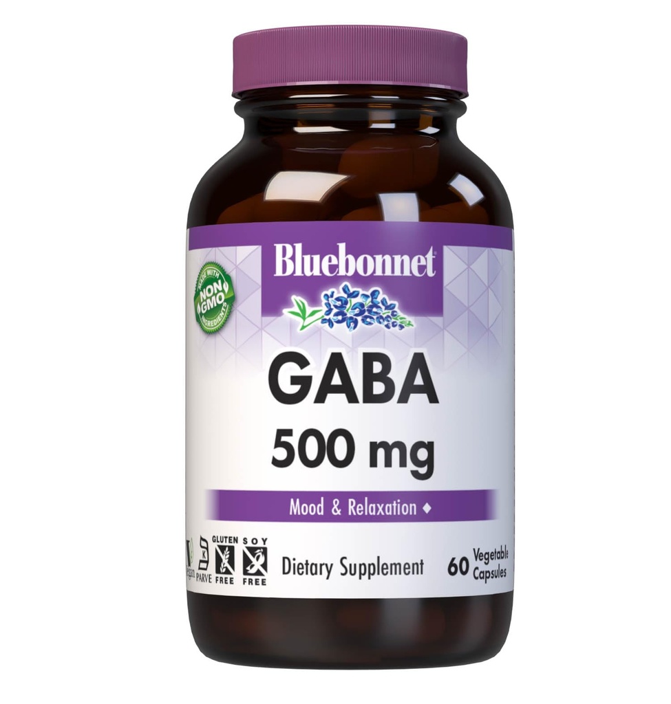 BlueBonnet Nutrition GABA 500mg, per Stress Relief*, Supports Relaxation*, Kosher, Vegan, Gluten-Free, Soy-Free, Non OGM, 60 Capsule Vegetali, 60 Serve
