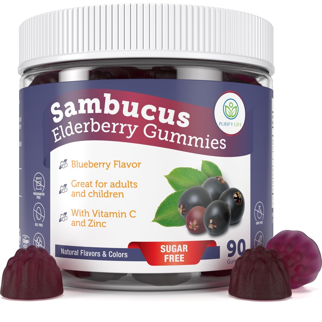Purificare la vita Gummie di sambuco senza zucchero con vitamina C & zinco per adulti e bambini, Integratore di supporto immunitario per la salute respiratoria, Sambucus Antiossidante Gummies di sambuco - Vegan, 90 Conte