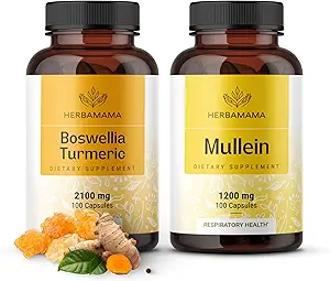 HERBAMAMA Boswellia Turmeric et Mullein Leaf Capsules Kit - Ensemble de 2100 mg Boswellia Turmeric et 1200 mg Mullein Leaf Capsules - Vegan, Non OGM, Sans gélatine - 2 Pack