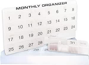 31 compartiments, 1 par jour, 4 semaines Monthly Pill Organizer par Promed. Comprend le bac et 8 compartiments amovibles. (Blanc)