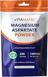 Vitamatic Magnesio Aspartato 1000mg per Serving Supporta Muscolo, Giunto e Salute Del Cuore 250 Grammi - 250 Serve