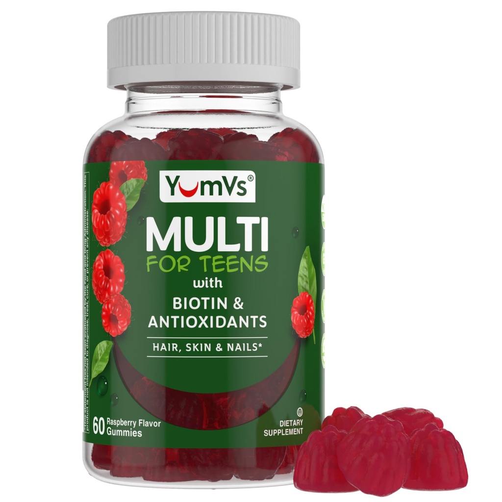 YumVs Gommies multivitamines pour adolescents avec biotine et antioxydants - Arôme des framboises - Soutien des ongles de peau pour cheveux - Vitamines pour adolescents Kosher pour garçons et filles 12-17 - Multivitamines pour adolescents Gummy (60 comte)