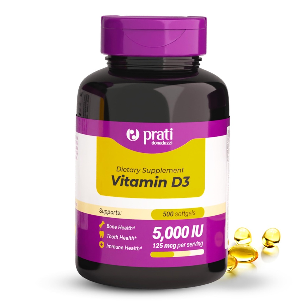Vitamine D3 5 000 UI – 500 Softgels – Soutient le système de défense, la santé osseuse et musculaire – Taille de la famille