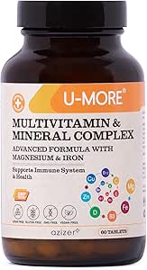 U-MORE Multivitamin & Mineral Complex, Vegan, Zuckerfrei, Glutenfrei, Calcium, Magnesium, Vitamin A, B1, B2, B5, B6, B12, D3, K, C, Eisen, Zink, unterstützt Immunsystem & Gesamtgesundheit - 60 Tabletten