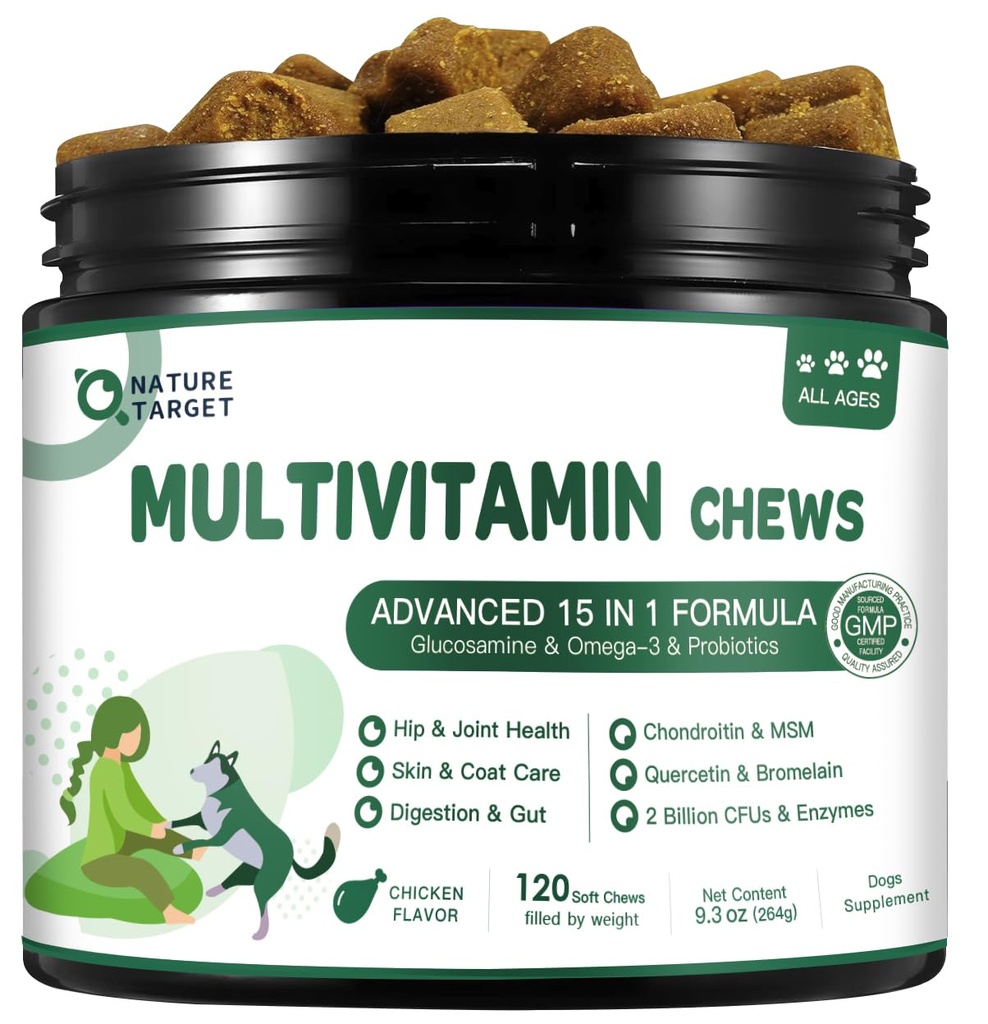 NATURE TARGET Multivitamin für Hunde - mit MSM & Glucosamin, Omegas 3 & 6, Probiotics for Digestive Health, Joint Support, Skin & Coat, Immunsystem & Overall Health 120 Soft Chews