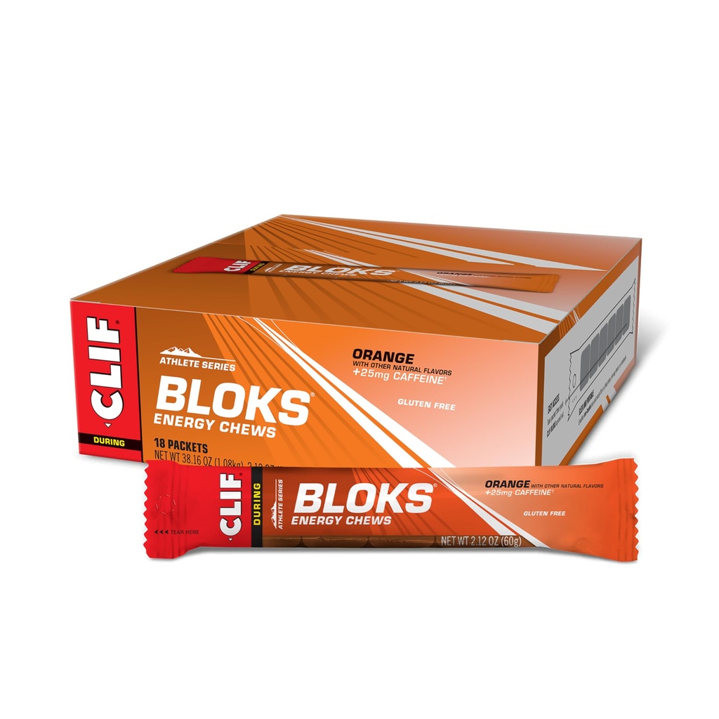 CLIF BLOKS - Orange Flavor mit Koffein - Energy Chews - Non-GMO - Plant Based - Fast Fuel for Cycling and Running - Schnelle Kohlenhydrate und Elektrolyte - 2.12 Unzen (18 Zähler)