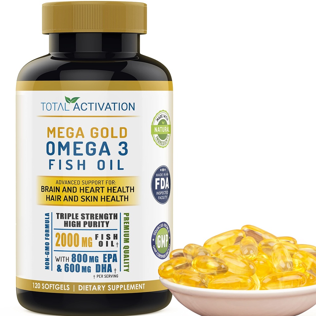 Omega 3 Fish Oil Supplement – 2000mg with EPA DHA & Vitamin E – Burpless, Triple Strength Support for Men & Women – 120 Easy Swallow Softgels