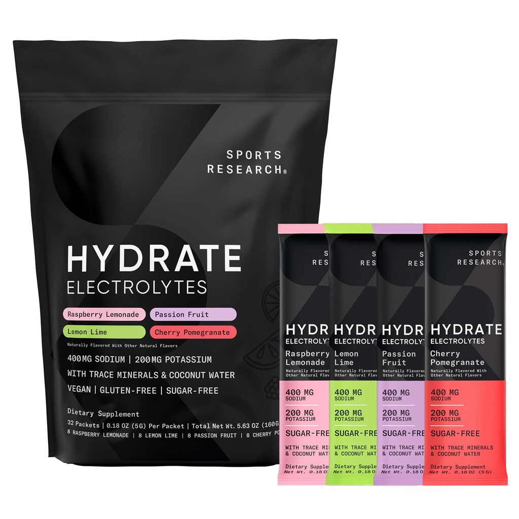 Sport Research® Hydrate Elektrolyte Pulverpackungen - Zuckerfrei & Natürlich mit Vitaminen, Mineralstoffen und Kokoswasser - Unterstützt Hydration - 32 Packungen - Vielfalt Pack