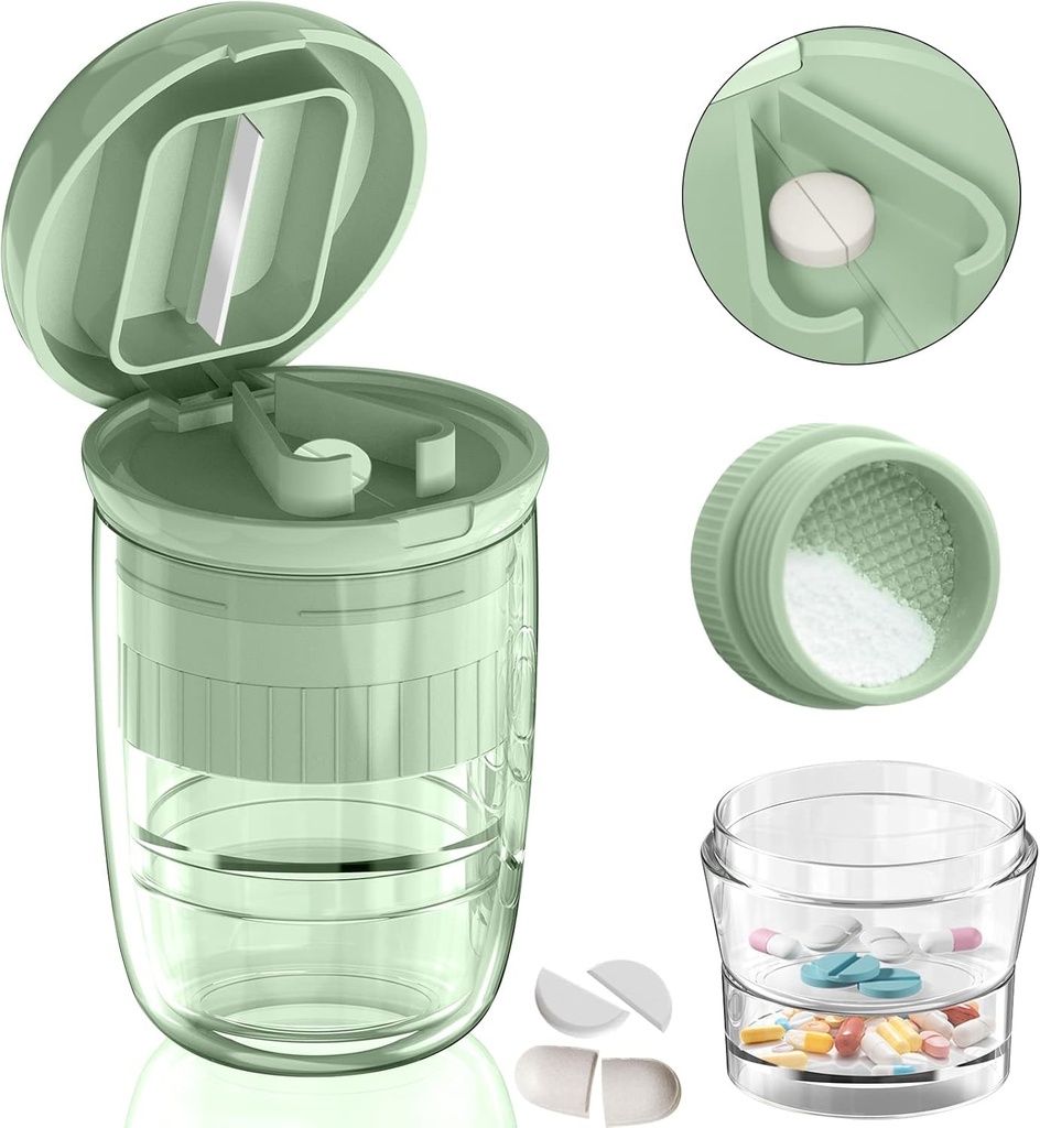 Pill Cutter Splitter with Dispenser, Pill Cutter for Small or Large Pills, Crushes Pills, Vitamins, Tablets, Stainless Steel Blade, Removable Drinking Cup (Green-1)