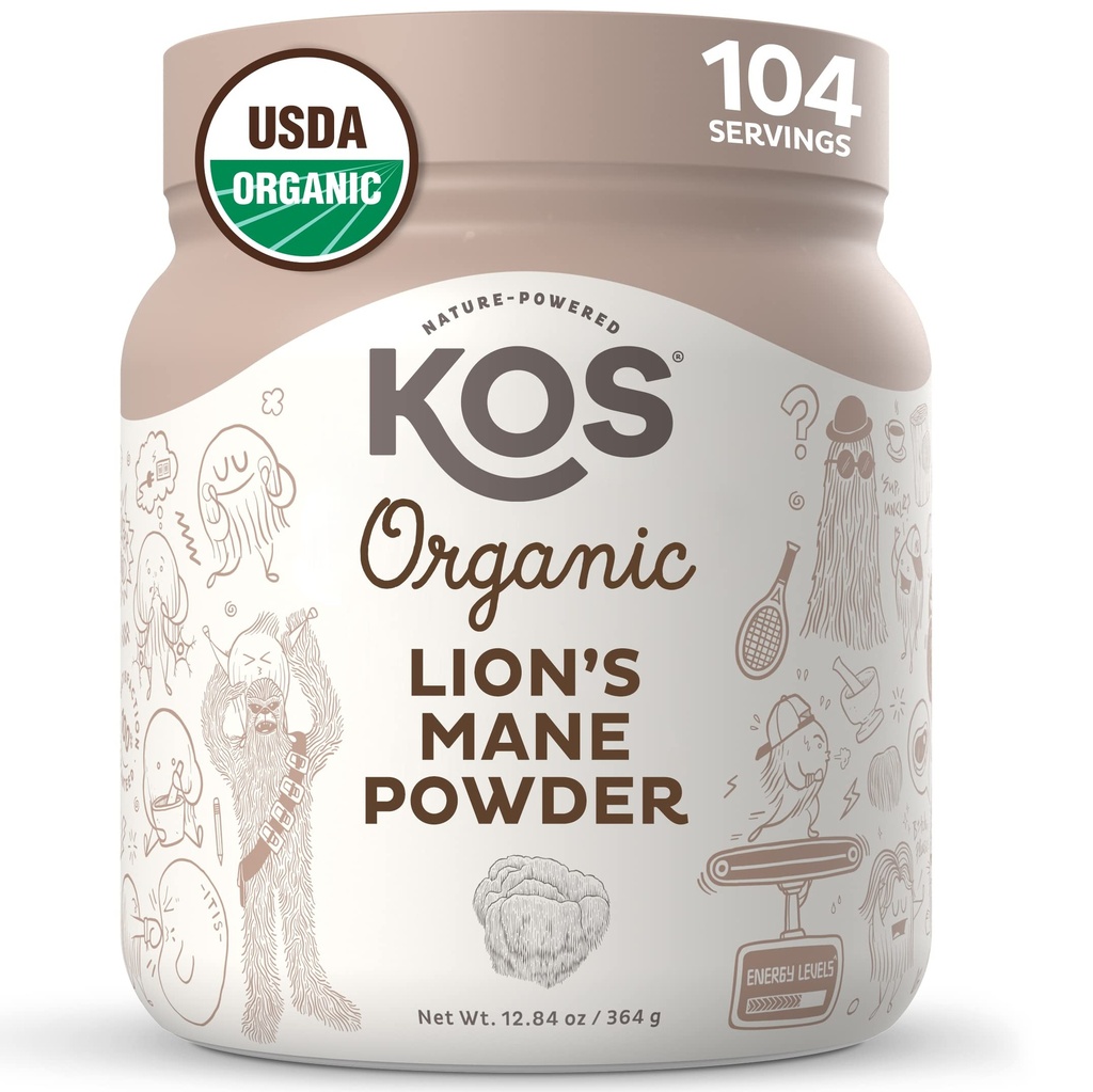 KOS Bio Lion's Mane Powder - Natürliche Nootropic Superfood - Vegan Functional Mushroom, Plant Based, USDA Certified, Non-GMO, Soy & Gluten-Free - 104 Servierungen