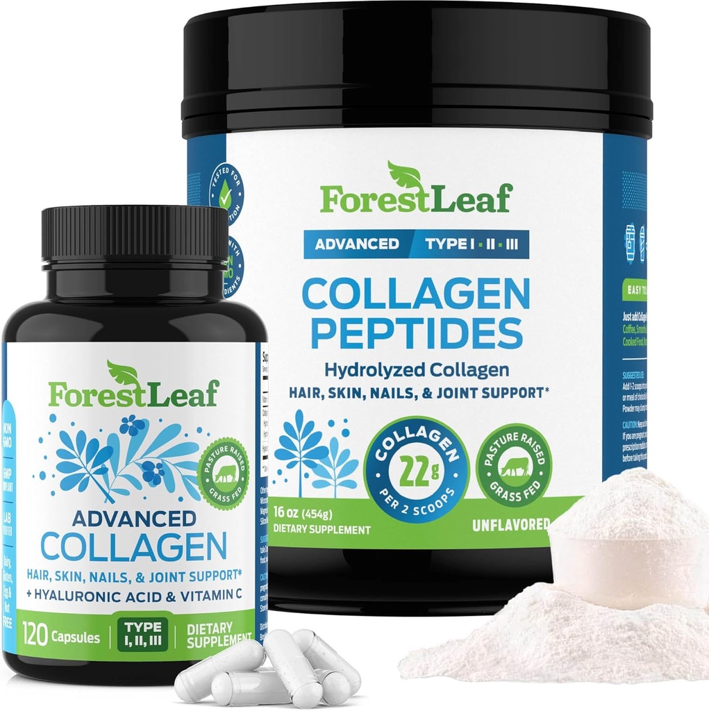 ForestLeaf Collagen Supplements Bundle - 2-in-1 hydrolysierte Collagen Peptide Pulver und Collagen Pillen - Gras Fed Bovine Collagen für Frauen und Kollagen für Männer