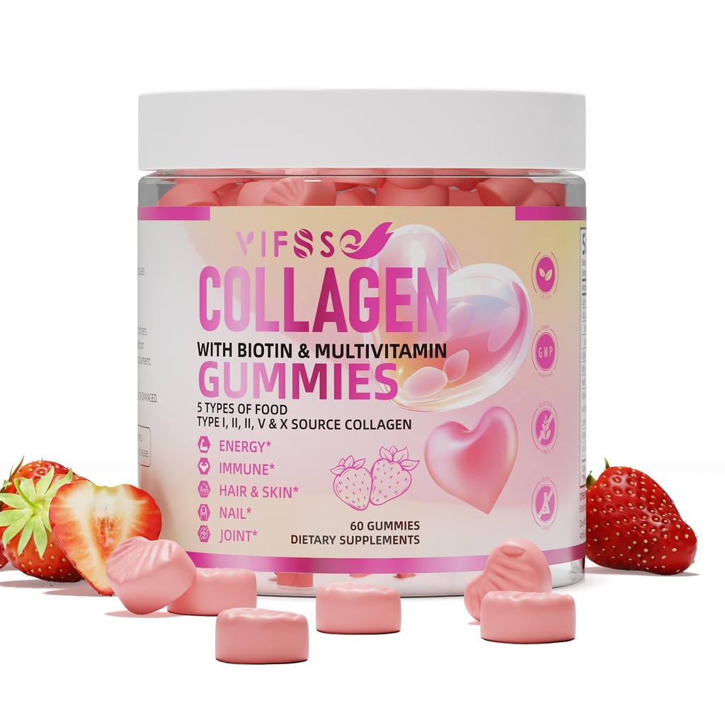Gommies de peptide de collagène pour femmes,120 sans sucre hydrolysé, extra-résistance 2500mg de protéines de type I,II,III,V,X avec 15000mcg de biotine et vitamine A B6 B12 C D E pour ongles de peau de cheveux