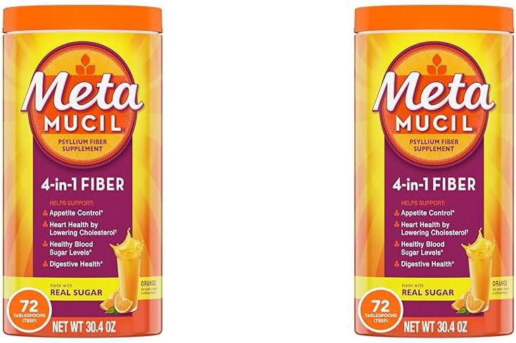 Metamucil Fiber, 4-in-1 Psyllium Fiber Supplement Powder with Real Sugar, Orange Smooth Flavored Drink, 72 Servings (Packaging May Vary), Texture grossolana, 1.9 Pound (Pack of 2)