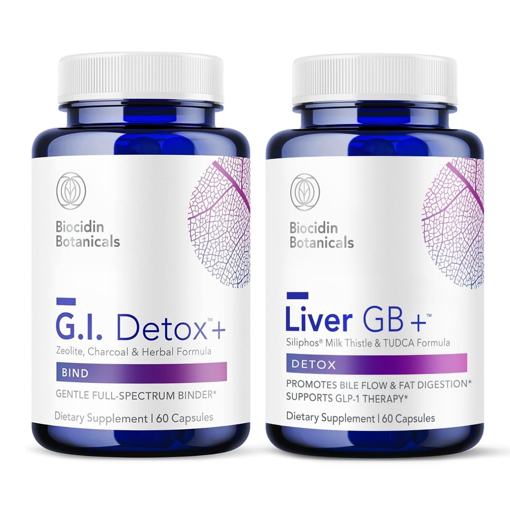 Biocidin G.I. Detox+ Gentle Binder & Foie GB+ Soutien du foie Gallbladder - Aide à optimiser l'élimination de la toxines et la digestion des graisses - Charbon activé, zéolite, TUDCA & herbes amères (2 produits)