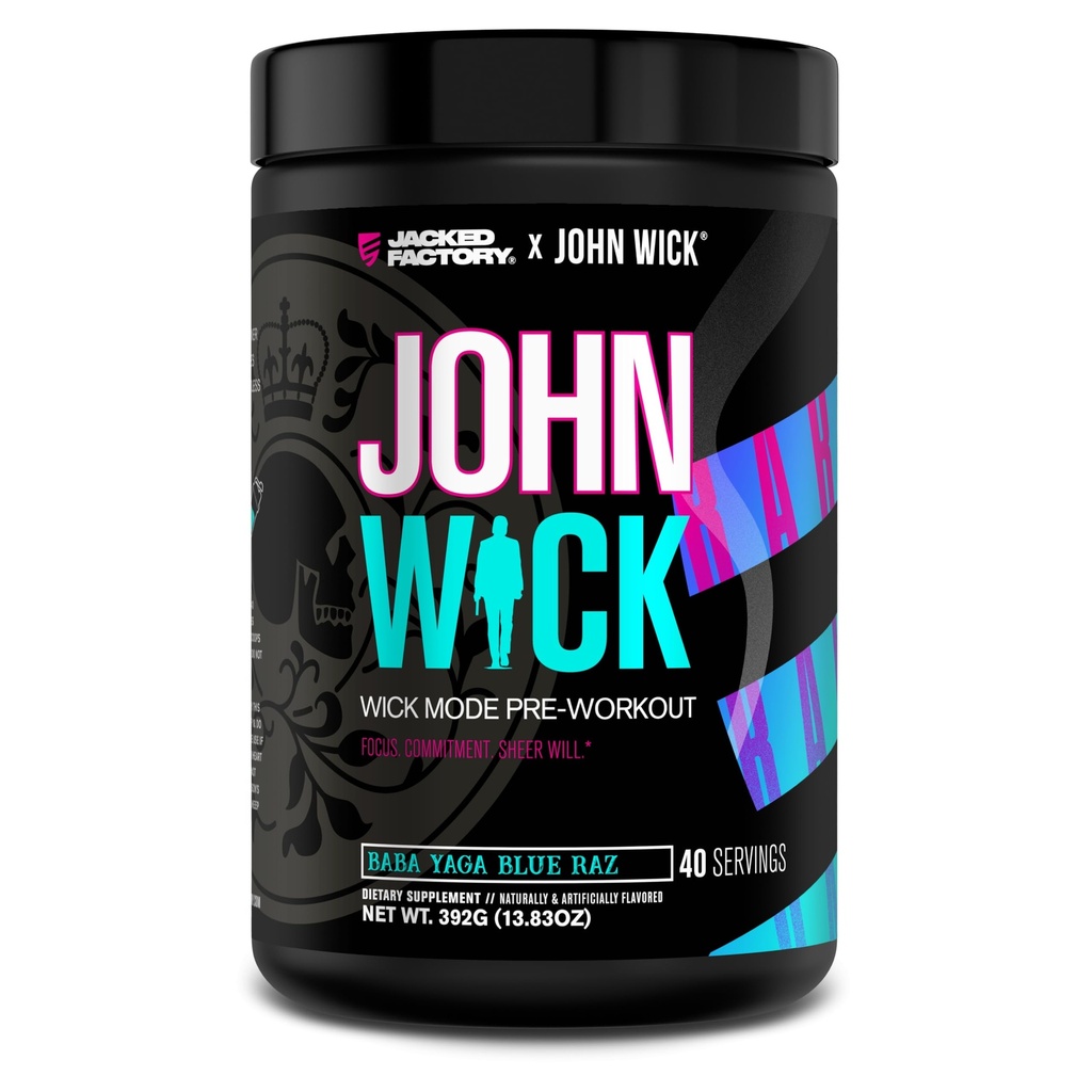 Jacked Factory X John Wick - Poudre de pré-entraînement en mode Wick - Énergie intense, orientation de combat, engagement indéfectible, et volonté pure - 40 portions, Baba Yaga Blue Raz