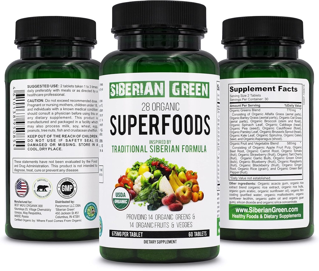 Siberian Green 28 Organic Superfoods Supplement 60 Tabletten - 14 Essential Greens, 14 Nutritious Fruits & Veggies from Traditionelle Formel für Energie, Wellness, Gesundheit