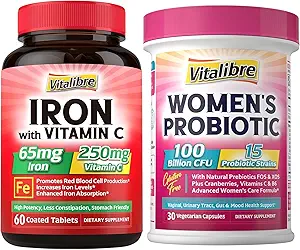 Magnesium Complex Supplement 6 in 1+ Frauen Probiotika 100 Billion CFU + Eisen Supplement, 65mg Carbonyl Eisen mit 250mg Vitamin C