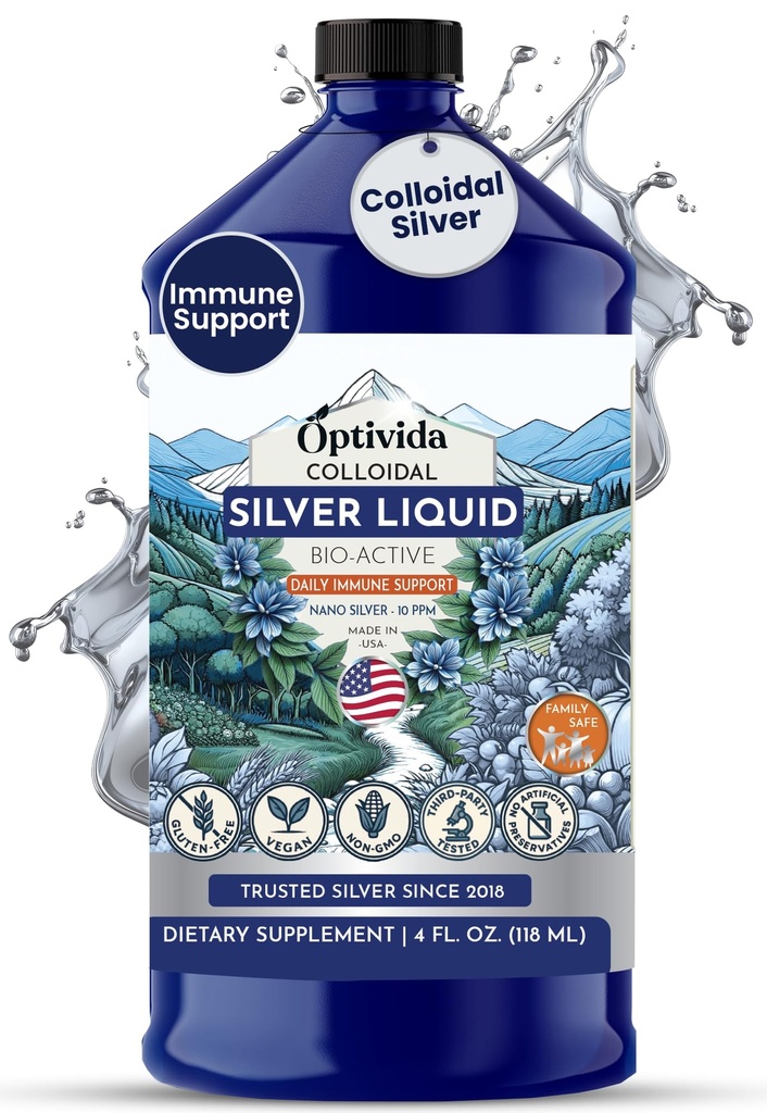Optivida Health Colloidal Silver Liquid (32 oz) – Premium Nano Silver Colloidal Supplement for Daily Wellness & Immune Support, Natural Liquid Silver Hydrosol für Erwachsene & Kinder, Non-GMO, Gluten-Free