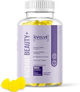 Radiant Beauty+ 200mg Gomma di collagene idrolizzata, Pelle per capelli e Unghie, Biotina 2500mcg, Vitamina C, Vitamina E, Aroma di goccia di limone, 60 Conte
