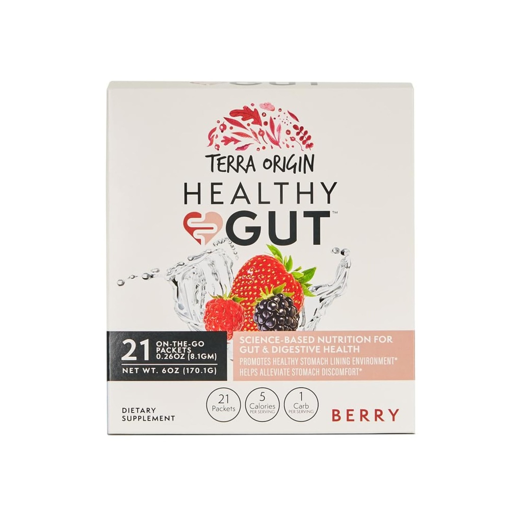 TERRA ORIGIN Gesunde Gut Stick Packs, L-Glutamin, Slippery Elm, Aloe Vera, Licorice Root Extract, Gut Health, Verdauungsunterstützung, Leaky Gut Repair, Immunfunktion, On-The-Go, 21 Ct, Berry