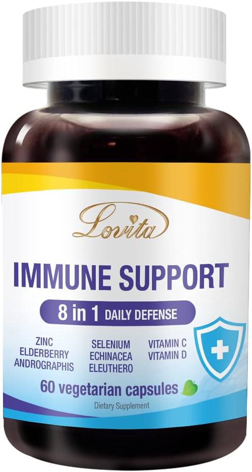 Lovita Immune Support 8 in 1, Elderberry with Zinc and Vitamin C, Vitamin D, Selenium & Echinacea, Andrographis, Siberian Ginseng - Immune Booster Supplement, 60 Vegetarian Capsules