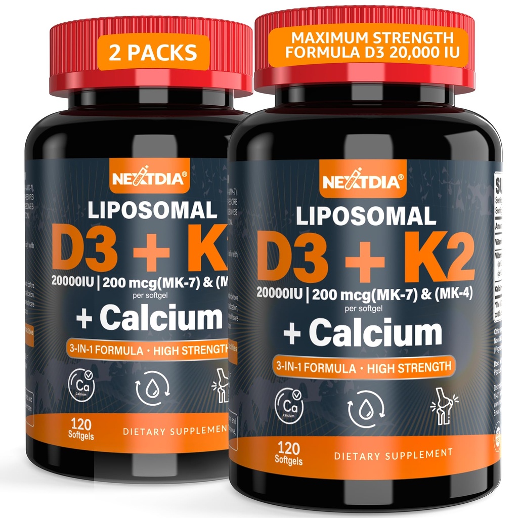 Vitamin D3 20,000 IU + K2 Vitamin (MK4 & MK7) 200mcg + Calcium Citrate, Optimal Vitamin D3 K2 Softgel - Strong Bone & Muscle, Calcium Absorption, Helping Vitamin D Deficiencies, Easy to Swallow, 2Pack