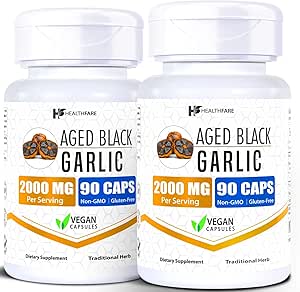 Healthfare Aged Black Knoblauch Ergänzung Pillen | 2000mg gleichwertige | 2 Flaschen, 180 Vegan Kapseln | Fermented Odorless Knoblauch Extrakt | Non-GMO, Gluten-Free | Made in USA