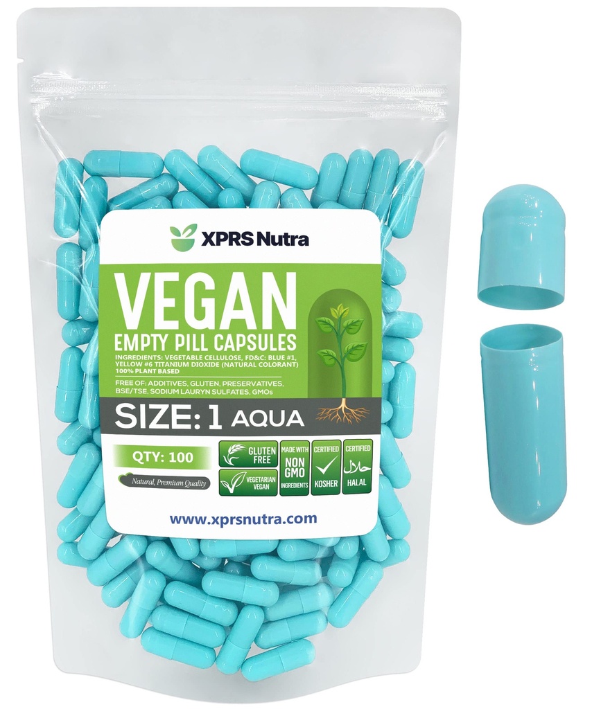 XPRS Nutra Size 1 Capsule Vuoti - 100 Conta Empty Vegan Capsule - Pillole Vegetariane - Capsule Vegetali fai da te Filling- Veggie Pill Caps per Do-It-Yourself Supplements (Aqua)