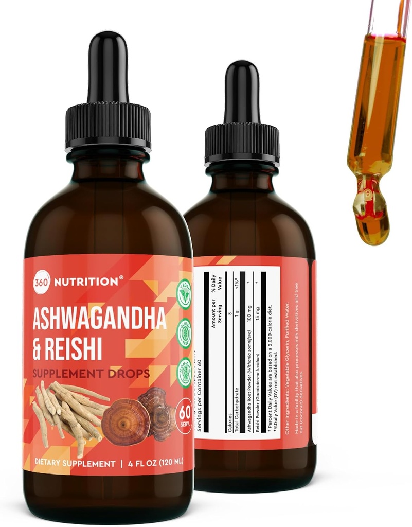 360 Nutrition Ashwagandha & Reishi Des gouttes supplémentaires pour le soulagement du stress, l'endurance et la longévité, et le soutien énergétique - Vegan Non-OGM Adaptogène - 4 fl oz, 60 portions