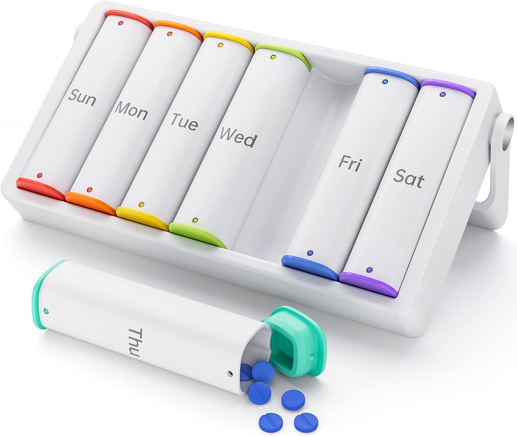 Organizzatore di pillole settimanali 2 volte al giorno, KOVIUU Large Travel Pill Box 7 giorno, Am Pm Twice Daily Pill Case with Rotatable Handle, Pill Holder Container for Vitamin, Medicine, Supplement, Fish Oil, Bianco