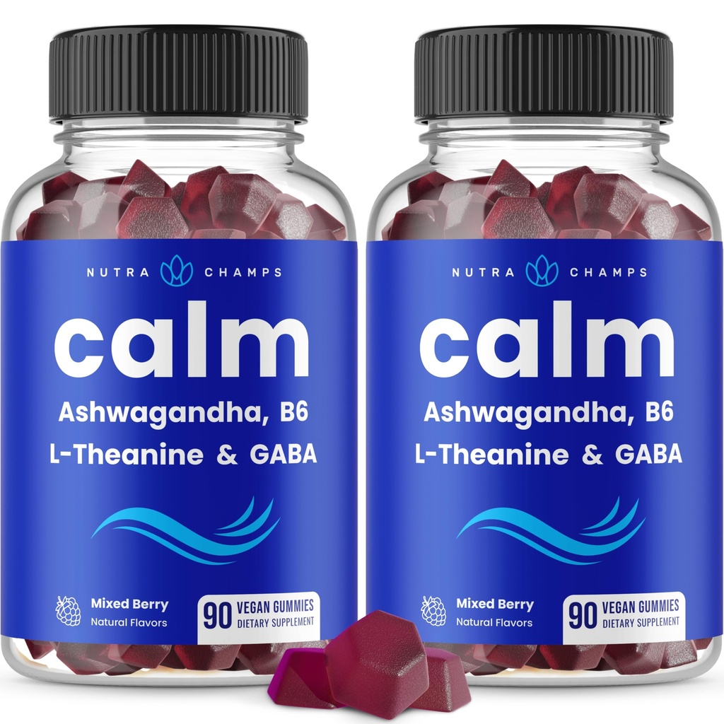 NutraChamps Calm Gummies, Stress Gummies Supplement with Ashwagandha, L-Theanine, GABA, Vitamin B6 & Lemon Balm, 90 Gummies (Pack of 2)