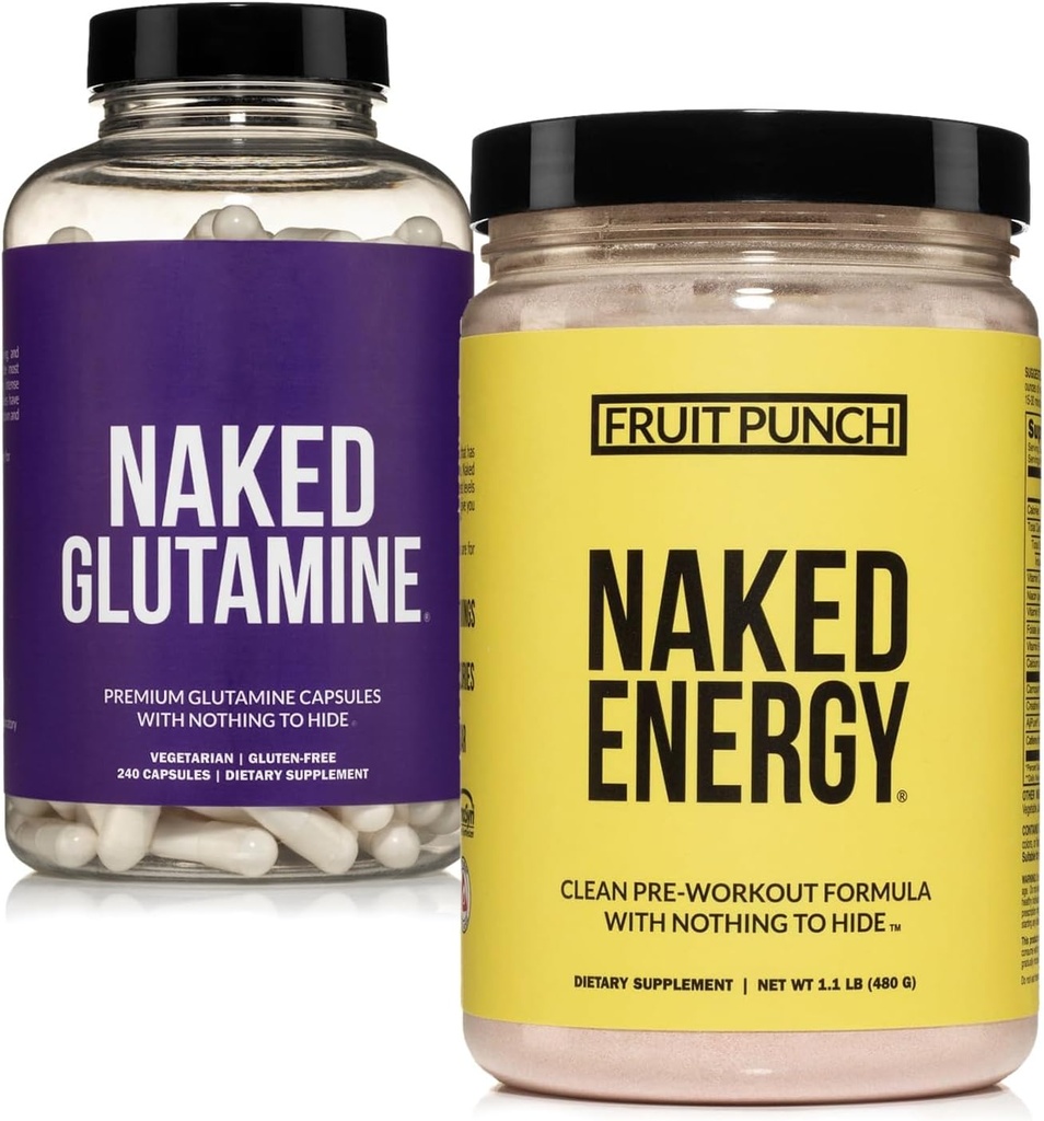NAKED Vegan Energizing Muscle Recovery Bundle Fruit Punch Energy and 240 L-Glutamine Capsules, 1000mg