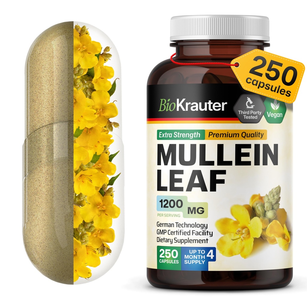 BIO KRAUTER Mullein Capsule 1200 mg 250 Count - Pure Vegan Mullein Leaf Extract for Lungs - 125 Giorni di fornitura - Pulisci polmonare e Supporti respiratori - Nessun filler, Non-OGM