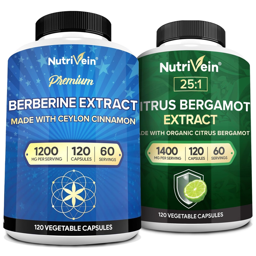 Nutrivein Premium Berberine 1200mg & Citrus Bergamotte Extrakt 1400mg Bundle - Ceylon Cinnamon & 25:1 Bergamia Extrakt - Gewichtsmanagement & Immununterstützung Plus Herzgesundheit - 120 Kapseln Jede