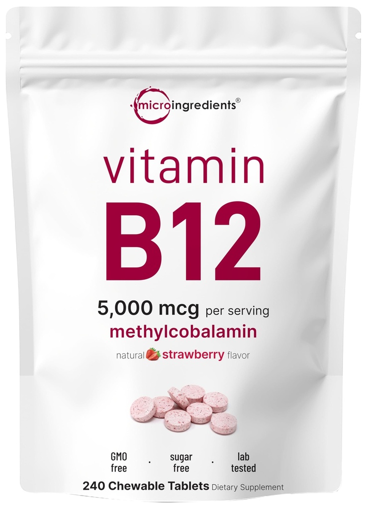 Micro Ingredients Vitamin B12 5.000 mcg 5,000 Methylcobalamin – 240 Kautabletten | Fast Dissolve, Natural Strawberry Flavor | Unterstützt Energie & Stoffwechsel Gesundheit | Vegan, Non-GMO, Glutenfrei
