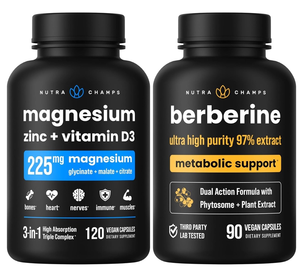 NutraChamps Complete Bone & Metabolic Support : Magnésium Zinc D3 & Berberine Duo