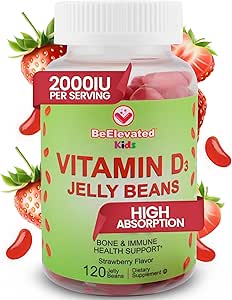 Vitamine D3 Haricots à gelée - Vitamines à croquer Gommies pour enfants Soutien immunitaire - Suppléments multivitamines pour os et soutien mixte - 2 000 UI Gommy végétarienne - 120 Haricots à saveur de fraise