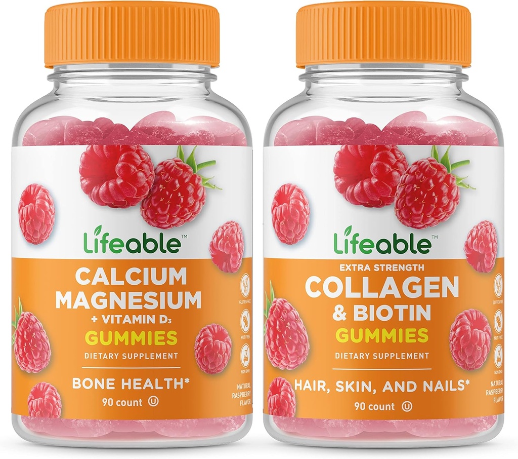 Magnesio di calcio Lifeable + Collagen & Biotin, Gummies Bundle - Grande degustazione, Integratore di vitamina, Senza glutine, OGM libero, Masticabile